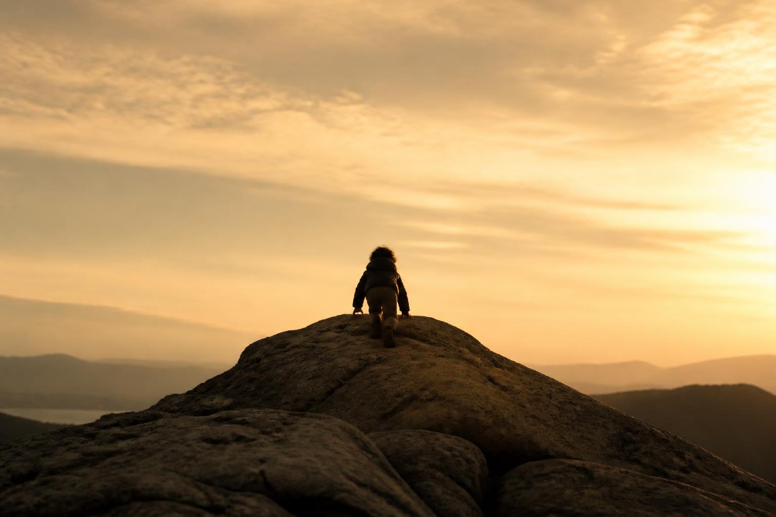 Silhouette eines Kindes, das einen Felsen erklimmt