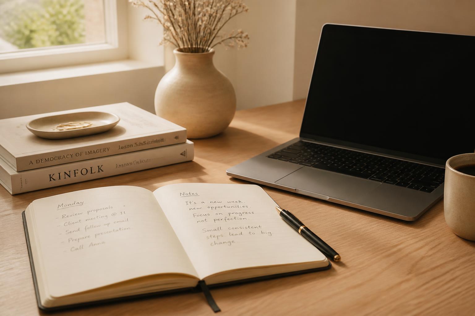 Notizbuch und Laptop auf einem Arbeitstisch im warmen Licht
