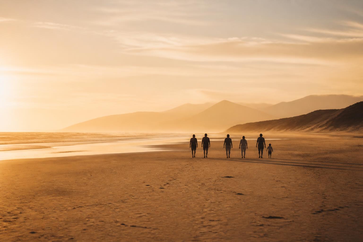 Menschen gehen gemeinsam einen weiten Strand entlang